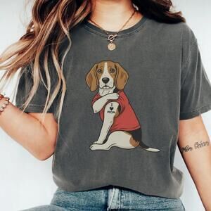 Beagle T-Shirt Featuring Tattooed Dog Illustration, I Love Mom Graphic